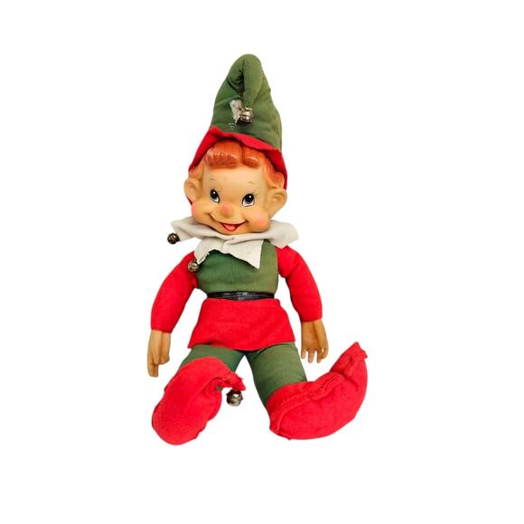Vintage Rushton Red & Green Christmas Elf Rubber Face 17" Plush Decor - Picture 1 of 12